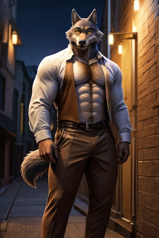 Mr. Wolf is a wolf, he has a slender build, with a dark grey snout and a white underbelly, he has deep, dark brown eyes with yellow sclera, and thick black eyebrows, with the left one having a subtle notch, Wolf likes to maintain a well-groomed and attractive appearance, and is mainly seen wearing a casual suit consisting of a cream-coloured blazer unbuttoned over a bright white dress shirt, He wears cream-coloured dress pants, a brown leather belt, and a pair of brown dress shoes, anthro wolf, male, adult, muscles, brown fur, buffed body, tail, sexy, beefy body, furred body, furry chest hair, realistic, full body, photorealistic, ultra realistic, 8k, night, bare-chested