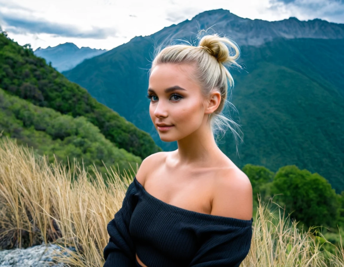 an eye contact of a blond with bun hair and dark theme , cute and sweet poses , background: Nature vibe in mountain, background no blur,