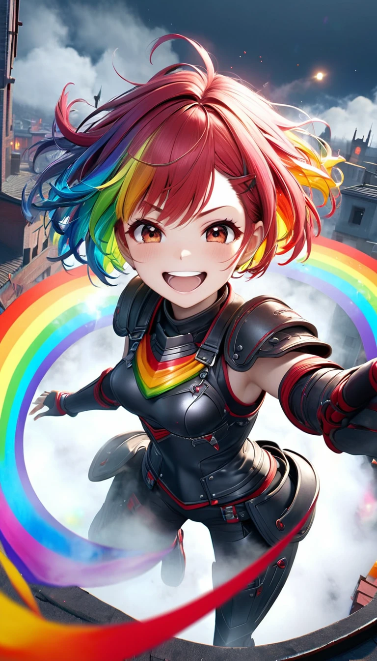 From above, Highest quality, Highest quality, 16K, Unbelievably absurd, Very detailed, 3D, delicate and dynamic, Ruthless, Cool and beautiful female warrior, Shining Rainbow Perspective, Rainbow colored messy wavy short hair, Captivating look, Excited expression, Teasing Smile, Grin, Mischievous Smile, Heavy Armor,Ominous Aura Swirl Effect, Background Rooftop , Big Red Full Moon, Exposed Steel, Flying glass, spark, cigarette, fog, Spooky atmosphere colors, Slow-motion effect, Dark fantasy