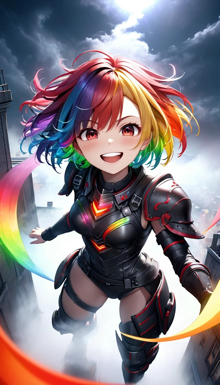 From above, Highest quality, Highest quality, 16K, Unbelievably absurd, Very detailed, 3D, delicate and dynamic, Ruthless, Cool and beautiful female warrior, Shining Rainbow Perspective, Rainbow colored messy wavy short hair, Captivating look, Excited expression, Teasing Smile, Grin, Mischievous Smile, Heavy Armor,Ominous Aura Swirl Effect, Background Rooftop , Big Red Full Moon, Exposed Steel, Flying glass, spark, cigarette, fog, Spooky atmosphere colors, Slow-motion effect, Dark fantasy
