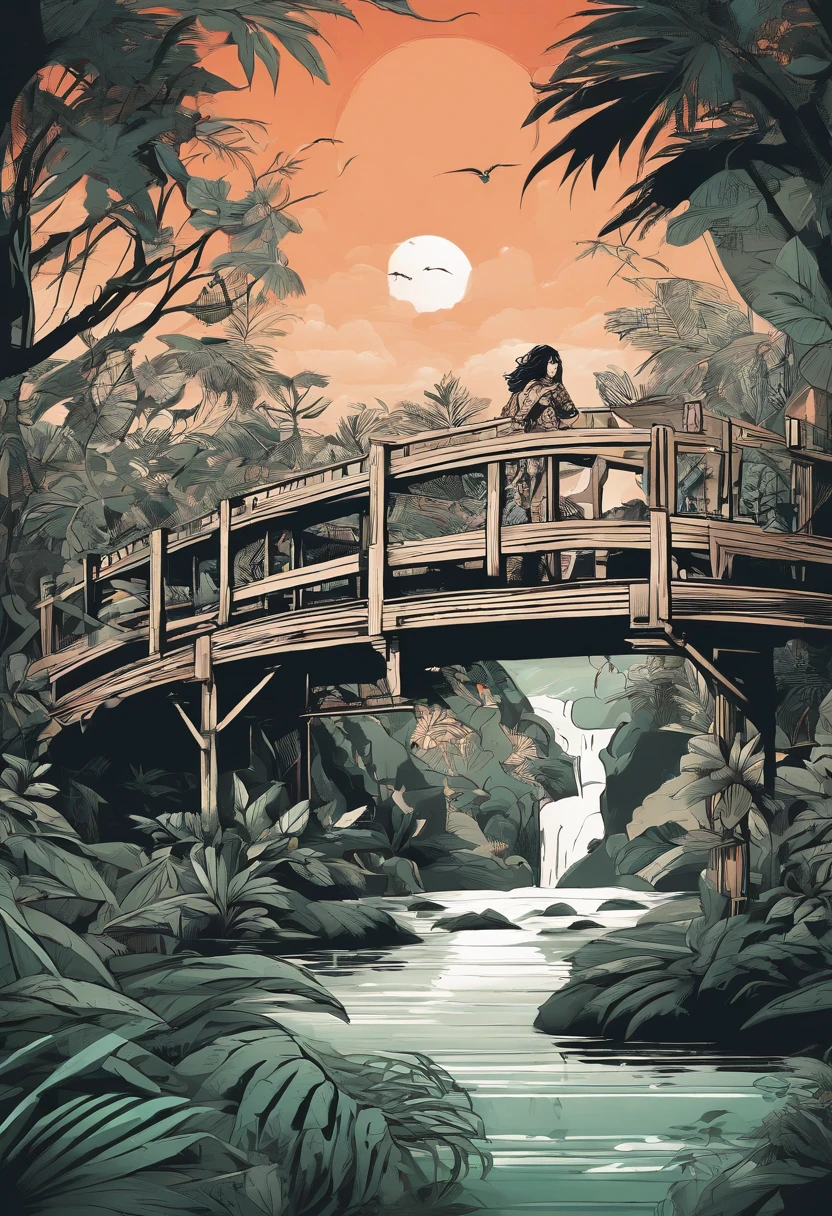 A character lounging on an overgrown wooden bridge, illustrated in the style of cool and stylish with black outlines. The background is a lush jungle under a red sun. She wears dark adorned with bright patterns and has green hair tied back. A cigar hangs from her mouth as she smokes it while gazing out at the water below. Green leaves line both sides of the wooden structure, adding to its adventurous feel.