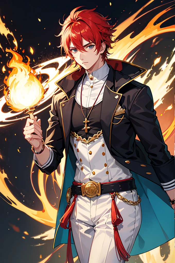 Un personaje masculino estilo anime que domine el fuego y agua
