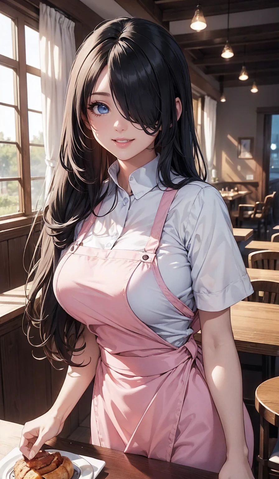 Please follow the all prompts below exactly and faithfully, This is a masterpiece of the most beautiful digital illustrations in the highest quality with maximum resolution, UHD, 512K, 2160p, 10 million ppi, 300 million dpi, natural tones, created with ultra-clear details, the highest realistic skin and hair texture, the most beautiful detailed eye features, a perfect anatomically correct human body, a beautiful background with depth, the rule of thirds, depth of field, and the best and most beautiful natural lighting, 1woman, sexy, 25years old, beautiful face, elegant woman, solo:1.3, Ultimate perfect body style, shiny black hair, ((long hair)), (hair over one eye:1.5), pony tail, beautiful blue eyes, beautiful big breasts, Maximize upturned breasts, glossy very thick lips, pink lipstick, very happy smile:1.5, Pink waitress uniforms, aprons, stainless steel circular trays, at the restaurant, 