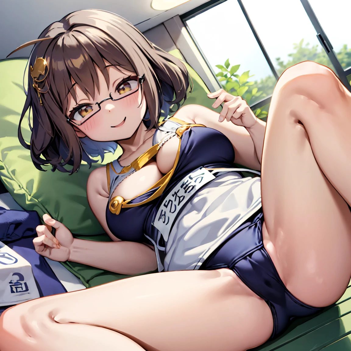 8k、masterpiece、Japanese、Woman wearing glasses、anise、from the front、smile、Childish、Big Breasts、Transparent school swimsuit、night、Bedroom、Spread your legs and show、Pee is yellow