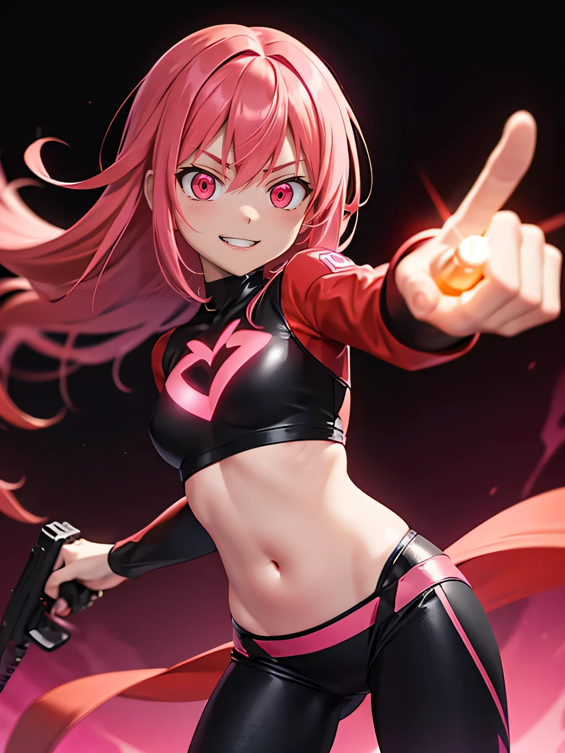 Pink hair, long hair, red aura, pink eyes, black crop top, long sleeves, black panties, crazy, smiling, sharp stare, holding guns, evil, short, black background, tight clothing, , glowing aura, glowing red, red effects, glowing red effects, guns in hands, strong aura, glowing red, glowing hair, body glowing red, red visual effects, holding arm in air, pointing gun, action, point gun up, glowing clothes, glowing attire, glowing pink, glowing red