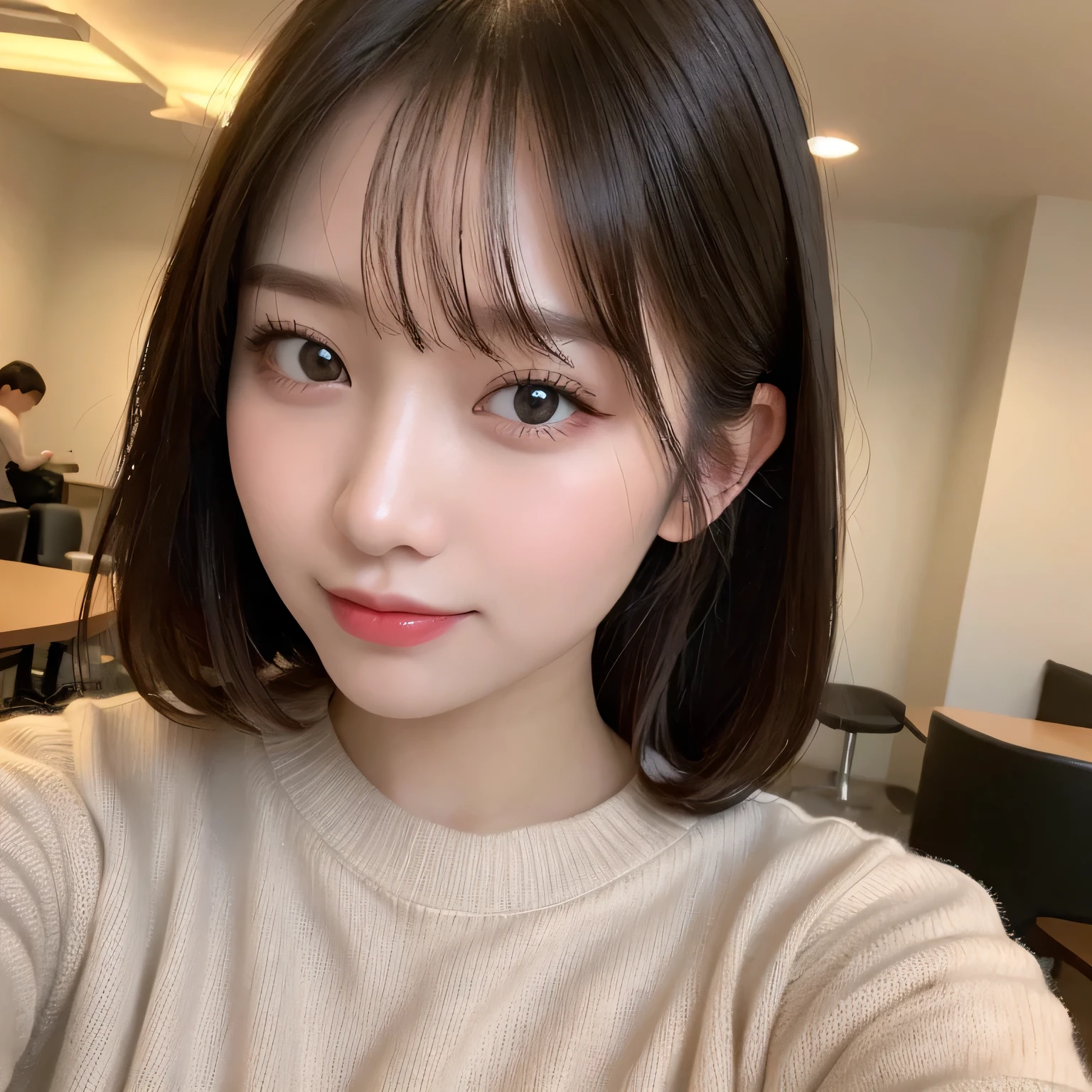 Tabletop, Highest quality, figure, Super detailed, In detail, High resolution, 8k wallpaper, Perfect dynamic composition, Beautiful attention to detail,、Natural color lip, Randomly sexy poses,20-year-old girl、cute、Looking at the camera, Sexy Face,A face of ecstasy,Face at peak sexual arousal,Wear a sweater dress,Face close-up,Take a selfie