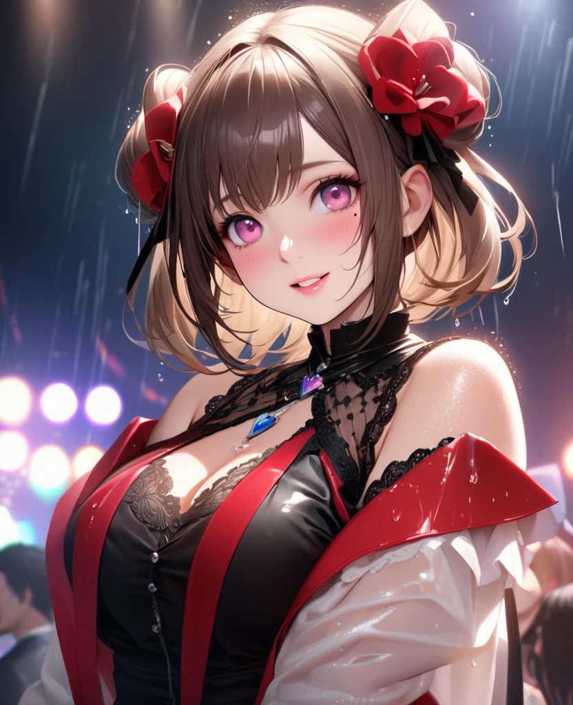 One Girl、Looking at the audience、lovely,
Beautiful pink eyes、Two brown double hair buns , Mole under the eye、Plump and glossy lips、Heart-shaped choca、Idol、Her name is May,smile、ー、。.。.。.。.。.。.。.。.。.。.。.。.。.。.。.。.。.。.3D、Realistic、
The idol's costume was soaked in the heavy rain, and her chest was wet and transparent.Heavy rain at outdoor concert, Drape clothes、gem、The decoration has been removed、Floral、Lace trim,On a glittering stage、
masterpiece、highest quality、8k、Detailed skin texture、Detailed cloth texture、Beautifully detailed face、Intricate details、Very detailed、
超A high resolution、8k Ultra HD、Film Grain、Best Shadow、delicate、Gazing at the audience、front