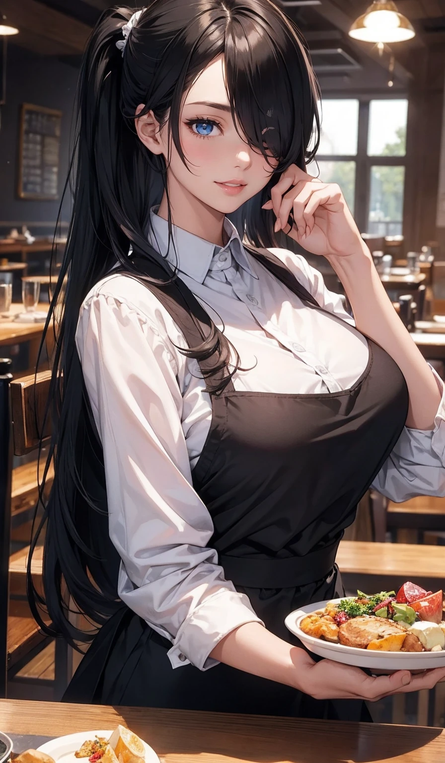 Please follow the all prompts below exactly and faithfully, This is a masterpiece of the most beautiful digital illustrations in the highest quality with maximum resolution, UHD, 512K, 2160p, 10 million ppi, 300 million dpi, natural tones, created with ultra-clear details, the highest realistic skin and hair texture, the most beautiful detailed eye features, a perfect anatomically correct human body, a beautiful background with depth, the rule of thirds, depth of field, and the best and most beautiful natural lighting, 1woman, sexy, 25years old, beautiful face, elegant woman, solo:1.3, Ultimate perfect body style, shiny black hair, ((long hair)), (hair over one eye:1.5), pony tail, beautiful blue eyes, beautiful big breasts, Maximize upturned breasts, glossy very thick lips, pink lipstick, very happy smile:1.5, Pink waitress uniforms, aprons, stainless steel circular trays, at the restaurant,