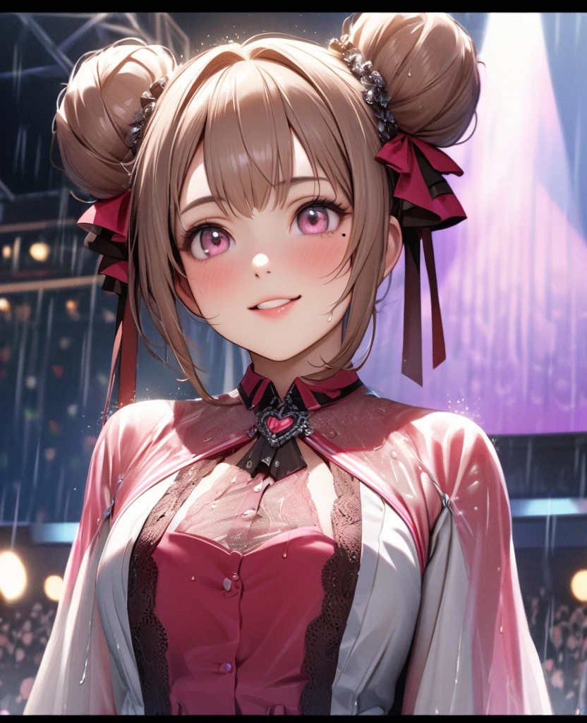 One Girl、Looking at the audience、lovely,
Beautiful pink eyes、Two brown double hair buns , Mole under the eye、Plump and glossy lips、Heart-shaped choca、Idol、Her name is May,smile、ー、。.。.。.。.。.。.。.。.。.。.。.。.。.。.。.。.。.。.3D、Realistic、
The idol's costume was soaked in the heavy rain, and her chest was wet and transparent.Heavy rain at outdoor concert, Drape clothes、gem、The decoration has been removed、Floral、Lace trim,On a glittering stage、
masterpiece、highest quality、8k、Detailed skin texture、Detailed cloth texture、Beautifully detailed face、Intricate details、Very detailed、
超A high resolution、8k Ultra HD、Film Grain、Best Shadow、delicate、Gazing at the audience、front