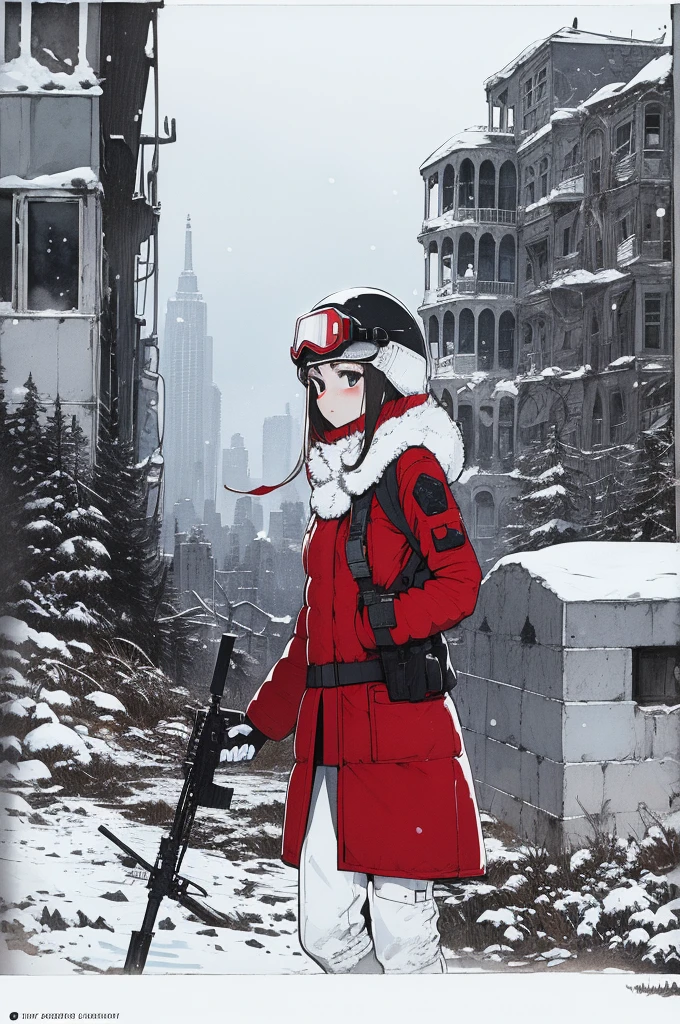 masterpiece, best quality, 1girl, closeup, 1girl, snipler, white outfit, (red goggles), holding a rifle, winter, snowstorm, snowfall, white, city ruins, desolate, watercolor, sketch