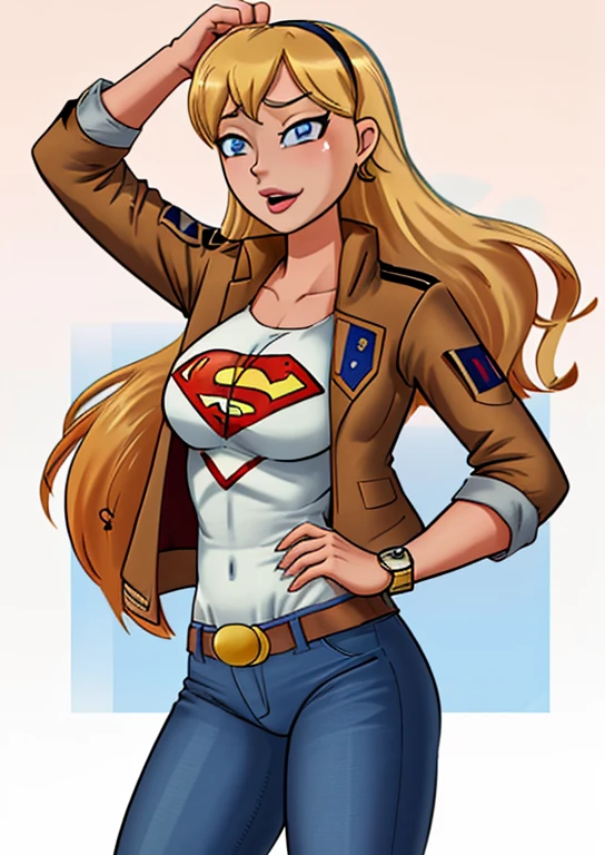 (cowboy shot), sfw, (masterpiece), (best quality:1.0), (ultra highres:1.0), detailed eyes,
BREAK
Supergirl, 1girl, long blonde hair, posing
granblue, minaba_hideo_offset
(brown jacket), blue jeans, watch, hairband
BREAK
(gradient background)