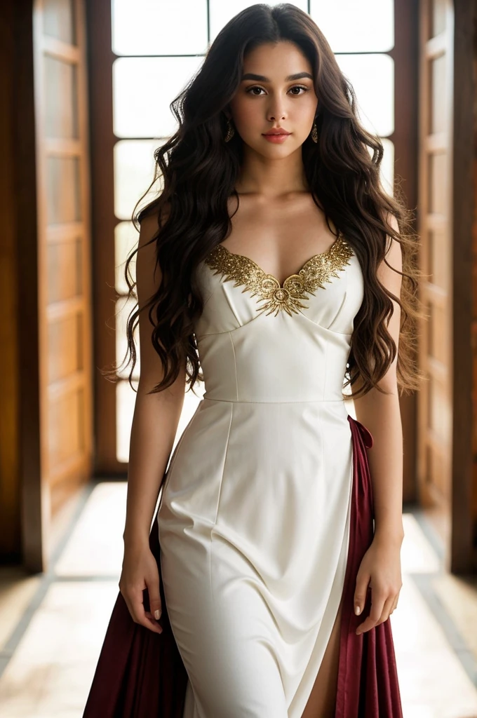 Shiera Targaryen if she had been the daughter of Raenhyra Targaryen and Harwing Strong. With long, almost curly hair without much volume and marked curls, slightly past her brown waist..
With Violet eyes With true beauty of a Targaryen A full body image.
Dressed like in the House of the Dragon series. She is 17 years old but has an adorable and unreal beauty.