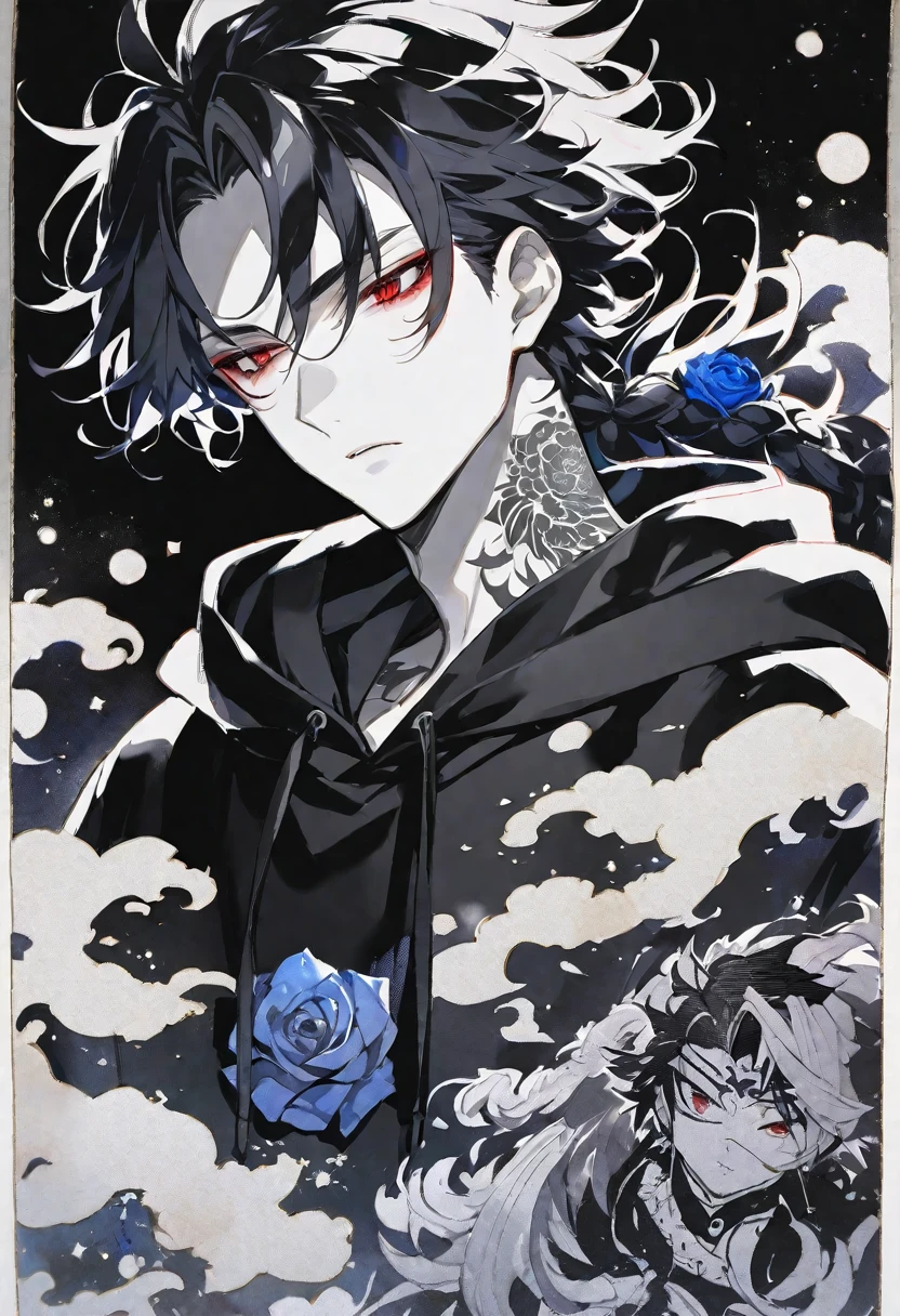 solo, handsome, Monochrome,watercolor,1 male, Ponytail, Braided black hair, red eyes, Gojo Satoru,casual,Blue Rose Tattoo,black Oversized hoodie,casual,Stylish,cool,Twelve Zodiac Signs,God,
blackbackground,icon,Despise face up