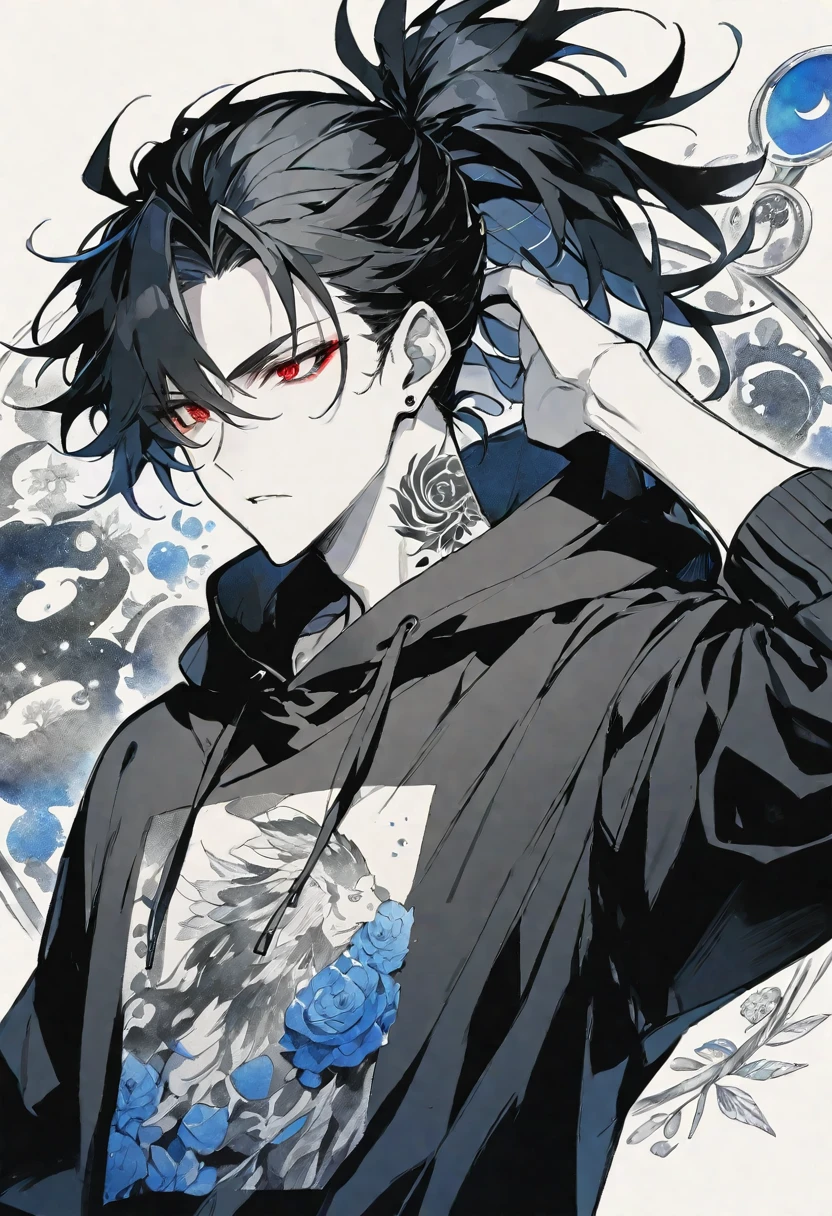 solo, handsome, Monochrome,watercolor,1 male, Ponytail, Braided black hair, red eyes, Gojo Satoru,casual,Blue Rose Tattoo,black Oversized hoodie,casual,Stylish,cool,Twelve Zodiac Signs,God,
blackbackground,icon,Despise face up