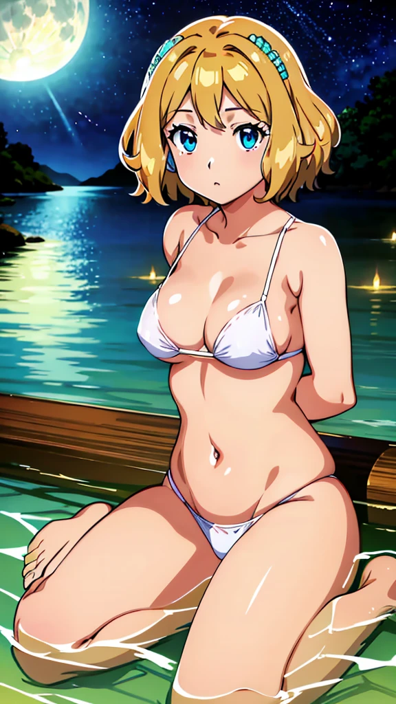 {{ultra-detailed}}, {{illustration}}, {{disheveled hair}}, {beautiful detailed eyes}, beautiful, amazing, detailed eyes, {{{masterpiece}}}, {realistic:0.5}, best quality, small breasts, short hair with long locks, best quality, female, (first_person_view), solo_focus, (on beautiful detailed water:1.3), arms behind back, wariza, sit, yokozuwari, full body, moon, full moon, oppai big, 👙, huge breasts