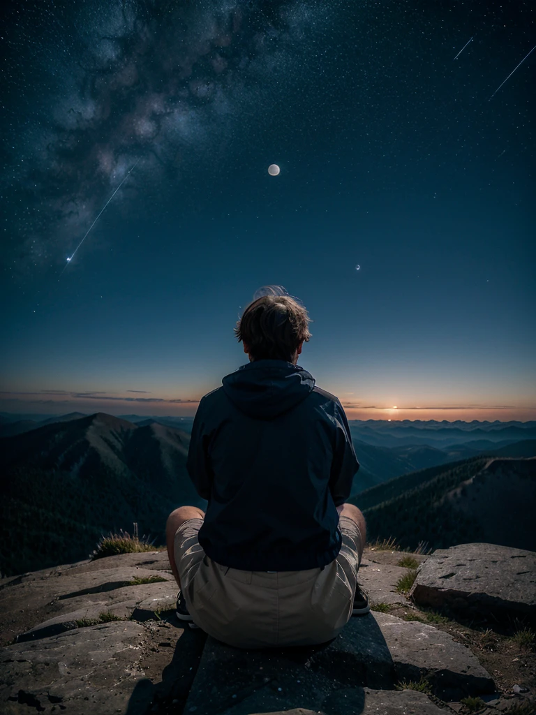A boy or a girl on a mountain top sitting night sky filled with stars looking at two moons