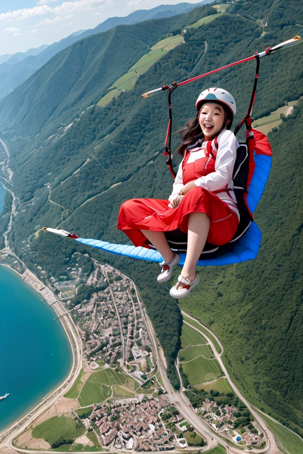 Beautiful 24 year old Korean girl, paragliding On switzerland alaps valley, ((live broadcast)), ((paragliding)), alone, air, realistic, Ultra HD, 8K unity wallpaper, ray tracing, Beautiful laugh, (laugh:1.2), red knee length dress, detailed background, detailed skin, detailed dress , stylish appearance, paragliding을 마음껏 즐기다, Beautiful nature background view from the air,