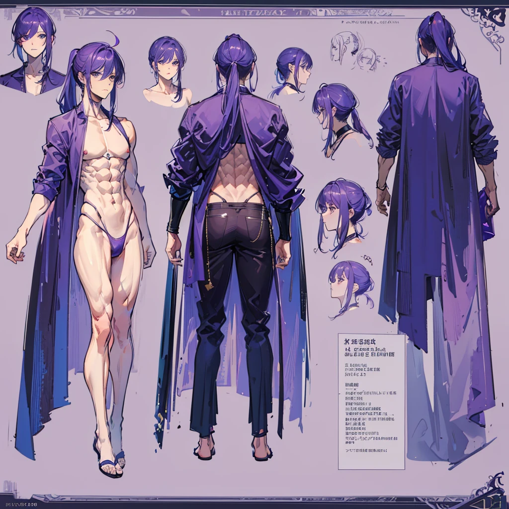 (Masterpiece, best quality), detailed, 1 man, ((character concept art)), ((character design sheet, same character, front, side, back)), full body, body complete, 1 Male, 1 Man, Detailed face, character design sheet，full bodyesbian, Highly detailed, character sheet, character design, Many parts, dark skin, angel wings, long purple ponytail hair, angel outfit, muscle male god, male clothes, masculine, muscle man, male muscle, manly, male angel, Muscle male with purple long ponytail hair，beautiful man, abs, pectoral muscle