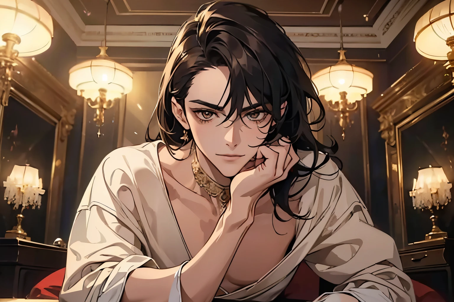 masterpiece, best quality, Practical (absurd, High resolution, Super detailed), facial details,Delicate and meticulous, 8K, Reality, Dramatic Lighting, high quality,twenty-two year old male,grace、beauty、Handsome,black hair,Bright brown eyes,Slender figure,Look at the camera for a smile,Wearing simple and elegant clothes in typical aristocratic style,Strike sexy and seductive poses in the opulent aristocratic bedroom, ((masterpiece)), ((movie lighting))