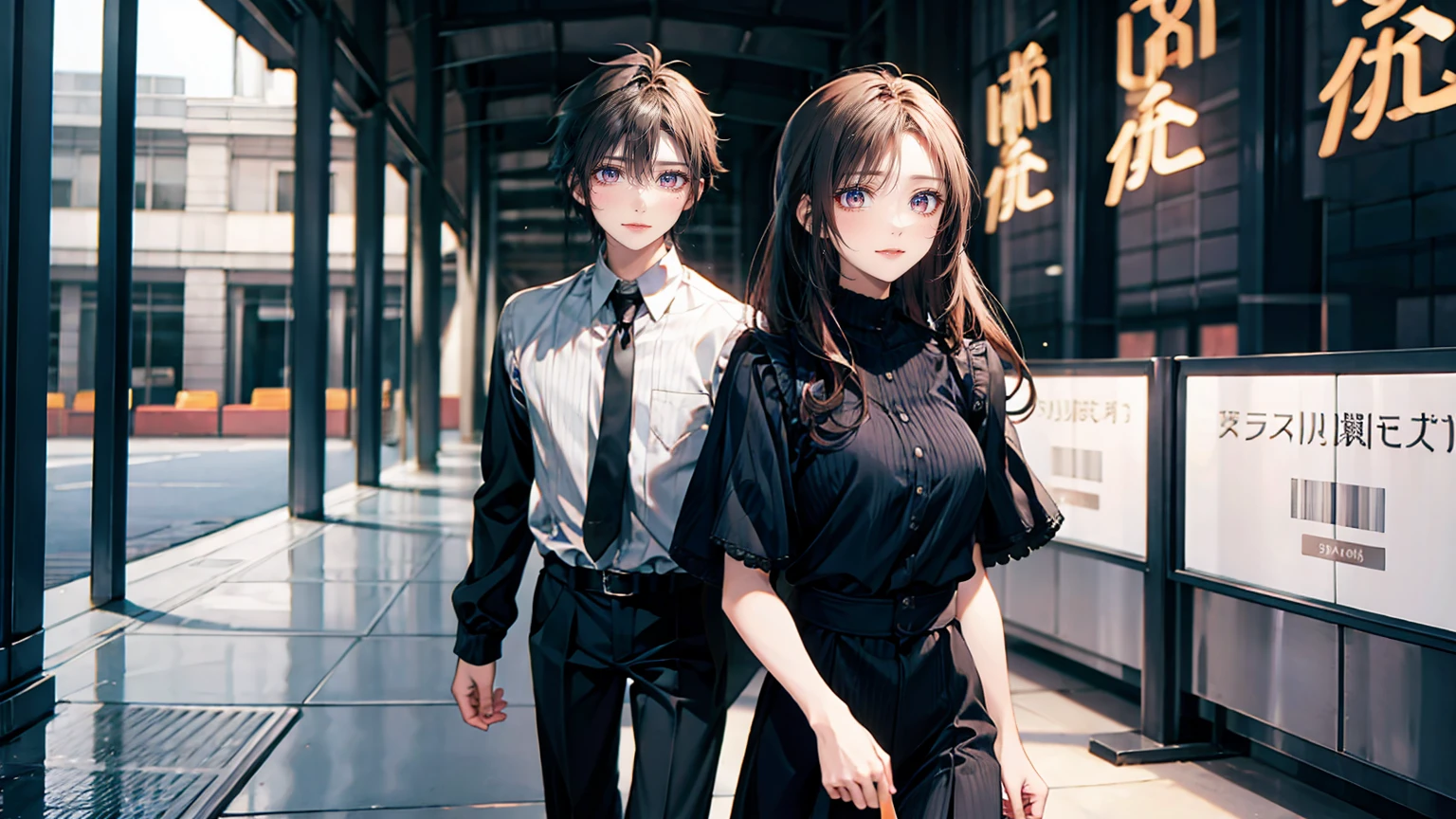 23 year old surreal girl,and a boy are walking side by side,two people,