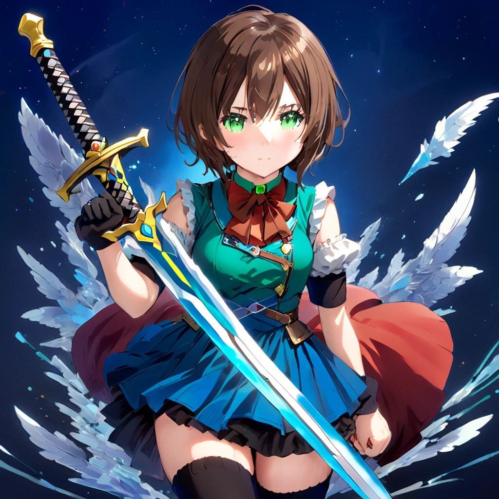 Stickerss,Stickers,One girl, With sword, Anime Style,Dreamland Wonderland、Fantastic,masterpiece,Kilo,Colorful,Detailed explanation,Seven Colors,(Highest quality,masterpiece, Complex,Hyper Detail,8K Ultra HD,Ultra-high resolution,Very detailed),(Short brown hair:1.2), (Green Eyes:1.3),(Ready-to-wear skirts),(Brown vest),(Red Shirt),(Blue ribbon),(Black thigh-high socks:1.3),Erika Aoi,