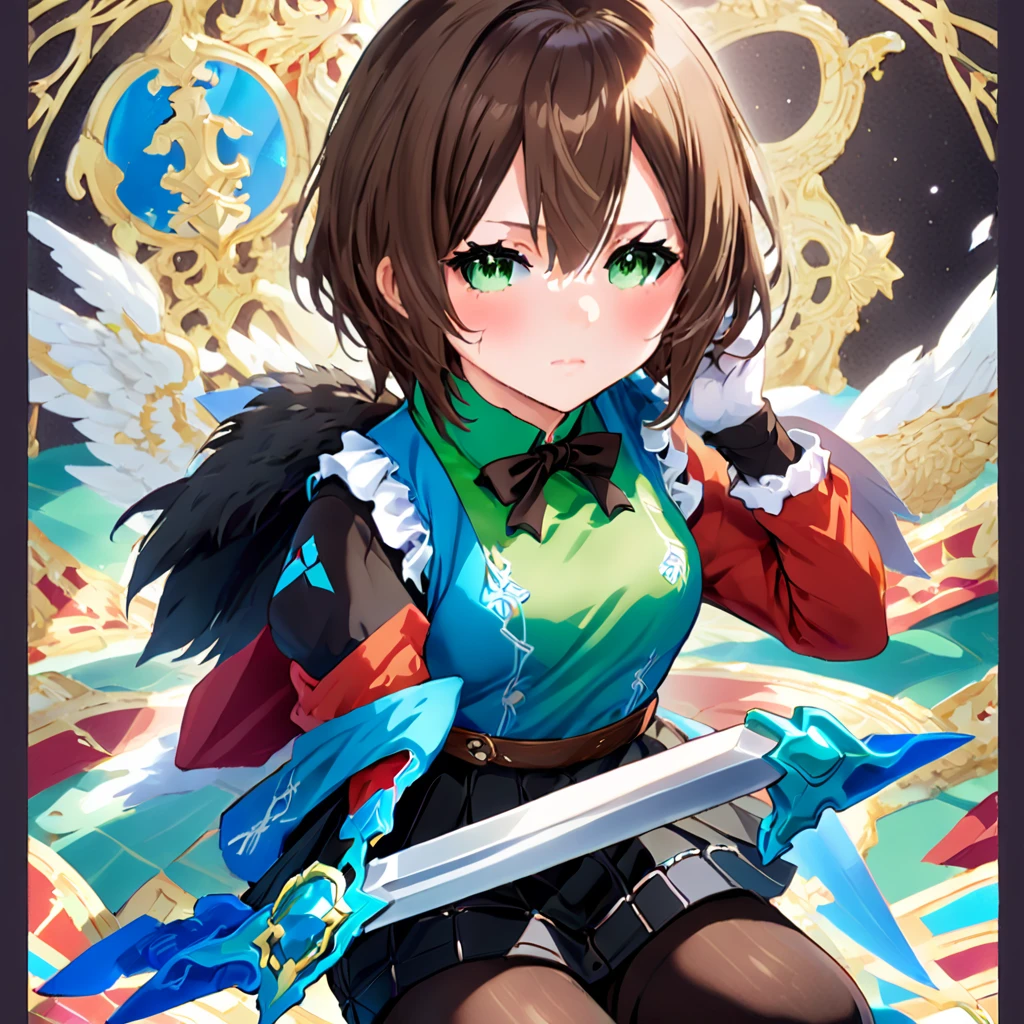 Stickerss，Stickers，One girl, With sword, Anime Style，Dreamland Wonderland、Fantastic，masterpiece，Kilo，Colorful，Detailed explanation，Seven Colors,(Highest quality,masterpiece, Complex,Hyper Detail,8K Ultra HD,Ultra-high resolution，Very detailed),(Short brown hair:1.2),  (Green Eyes:1.3),(Ready-to-wear skirts),(Brown vest),(Red Shirt),(Blue ribbon),(Black thigh-high socks:1.3),Erika Aoi,