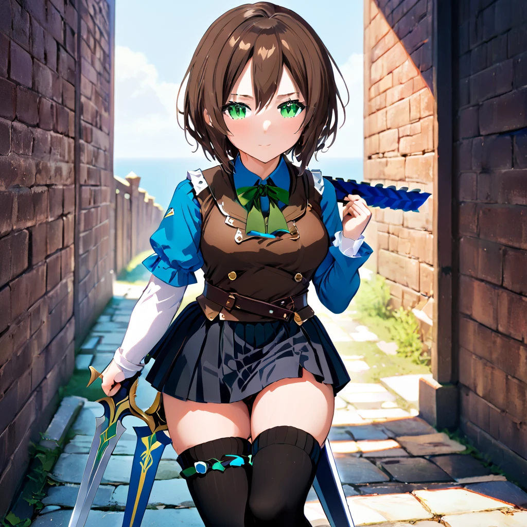 Stickerss,Stickers,One girl, With sword, Anime Style,Dreamland Wonderland、Fantastic,masterpiece,Kilo,Colorful,Detailed explanation,Seven Colors,(Highest quality,masterpiece, Complex,Hyper Detail,8K Ultra HD,Ultra-high resolution,Very detailed),(Short brown hair:1.2), (Green Eyes:1.3),(Ready-to-wear skirts),(Brown vest),(Red Shirt),(Blue ribbon),(Black thigh-high socks:1.3),Erika Aoi,