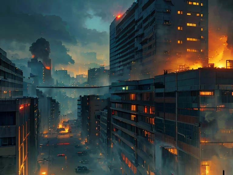 city in ruins, smoke and fire emitting from the buildings, (best quality,4k,8k,highres,masterpiece:1.2),ultra-detailed,(realistic,photorealistic,photo-realistic:1.37),hyperrealistic, dramatic lighting, cinematic, moody atmosphere, dystopian, apocalyptic. Zombies