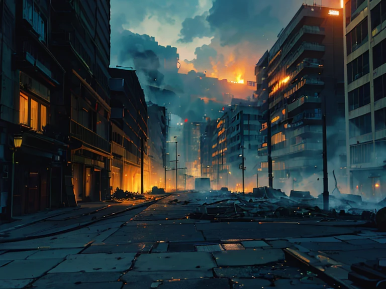 city in ruins, smoke and fire emitting from the buildings, (best quality,4k,8k,highres,masterpiece:1.2),ultra-detailed,(realistic,photorealistic,photo-realistic:1.37),hyperrealistic, dramatic lighting, cinematic, moody atmosphere, dystopian, apocalyptic. Zombies