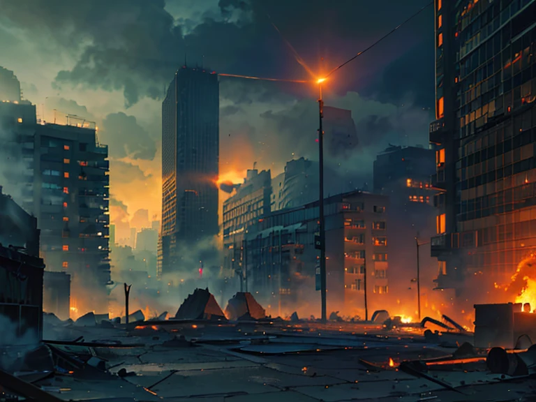 city in ruins, smoke and fire emitting from the buildings, (best quality,4k,8k,highres,masterpiece:1.2),ultra-detailed,(realistic,photorealistic,photo-realistic:1.37),hyperrealistic, dramatic lighting, cinematic, moody atmosphere, dystopian, apocalyptic. Zombies