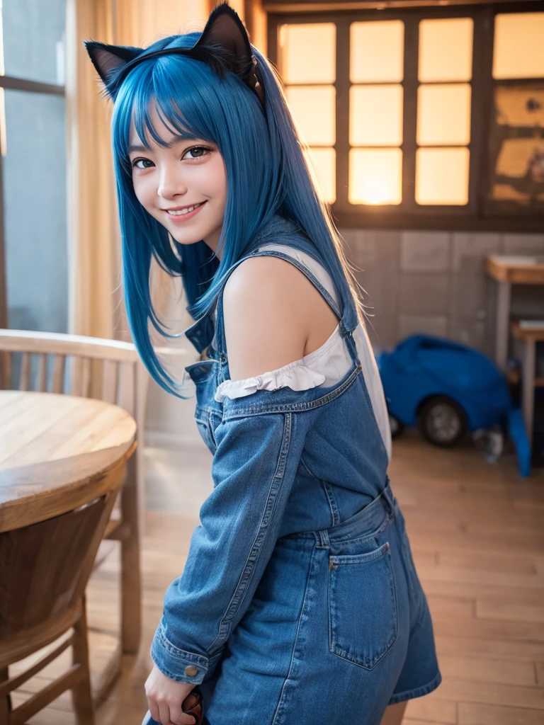 Masterpiece, best quality, ai-generated, cat girl
, Blue hair,cowboy shot, light smile 