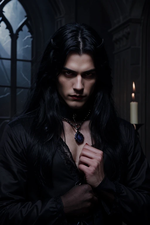 Lovely young handsome hetero Man Jinx Edward vampire with big indigo-eyes and gems and long black hair, with nice and delicate face, in a dark gothic magic castle with annie and claudia and Lestat, in Red Rose manor. Terror ambient. The more handsome man in the world. Night storm. Gothic scene. Cats eyes.