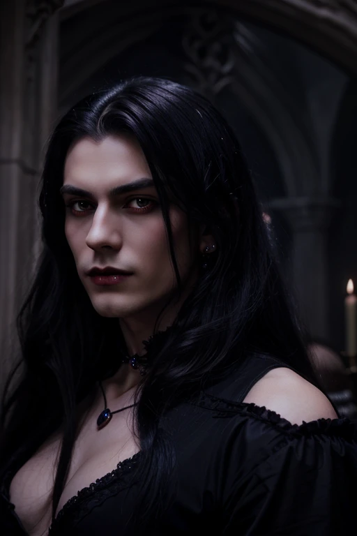Lovely young handsome hetero Man Jinx Edward vampire with big indigo-eyes and gems and long black hair, with nice and delicate face, in a dark gothic magic castle with annie and claudia and Lestat, in Red Rose manor. Terror ambient. The more handsome man in the world. Night storm. Gothic scene. Cats eyes.