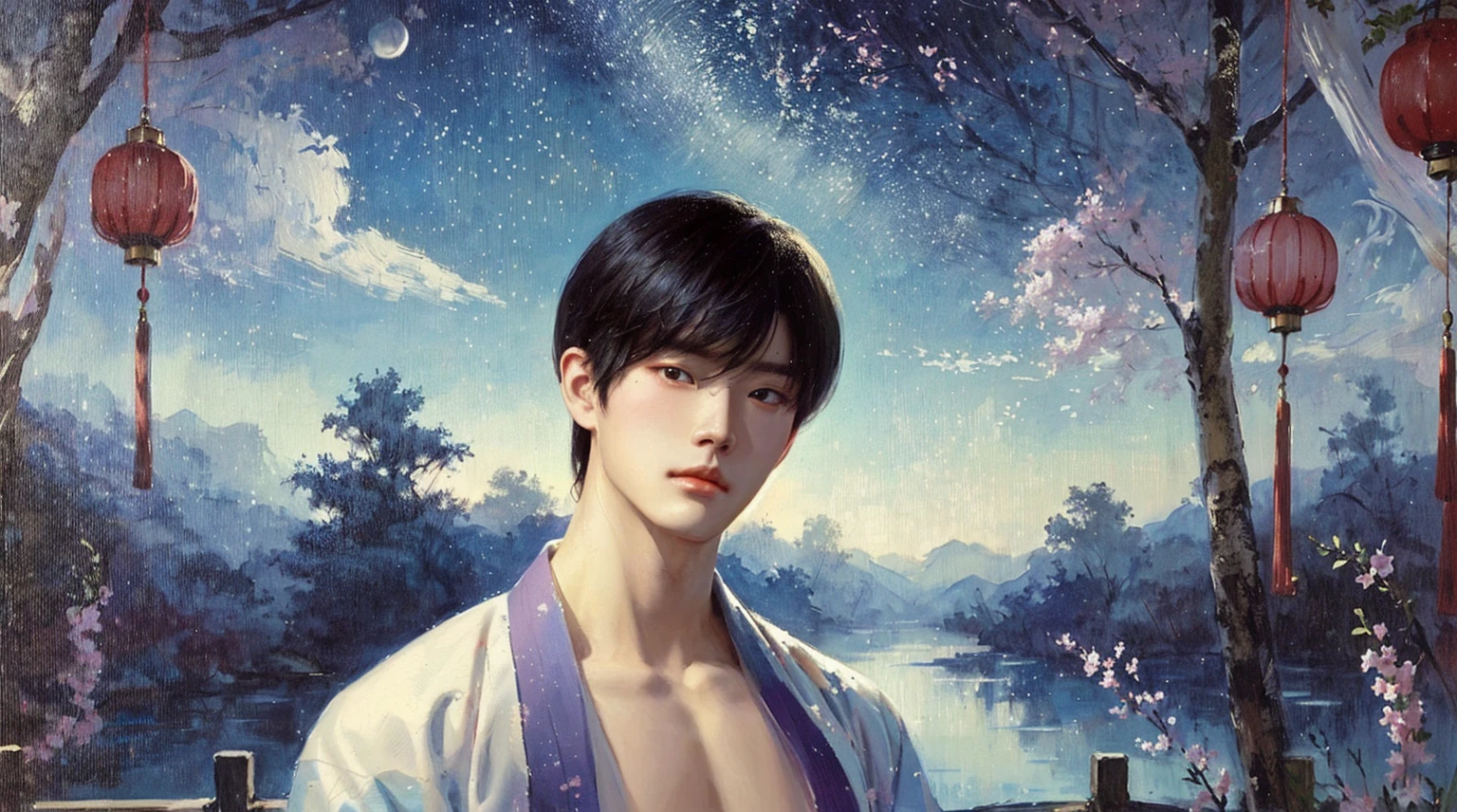 painting of a man in a kimono robe standing in front of a painting of a river, inspired by Yanjun Cheng, yanjun chengt, inspired by Bian Shoumin, artwork in the style of guweiz, inspired by Yeong-Hao Han, inspired by Zhang Han, by Yanjun Cheng, by Yang J, cai xukun, guweiz,huge breasts,huge chest,huge ,huge bust