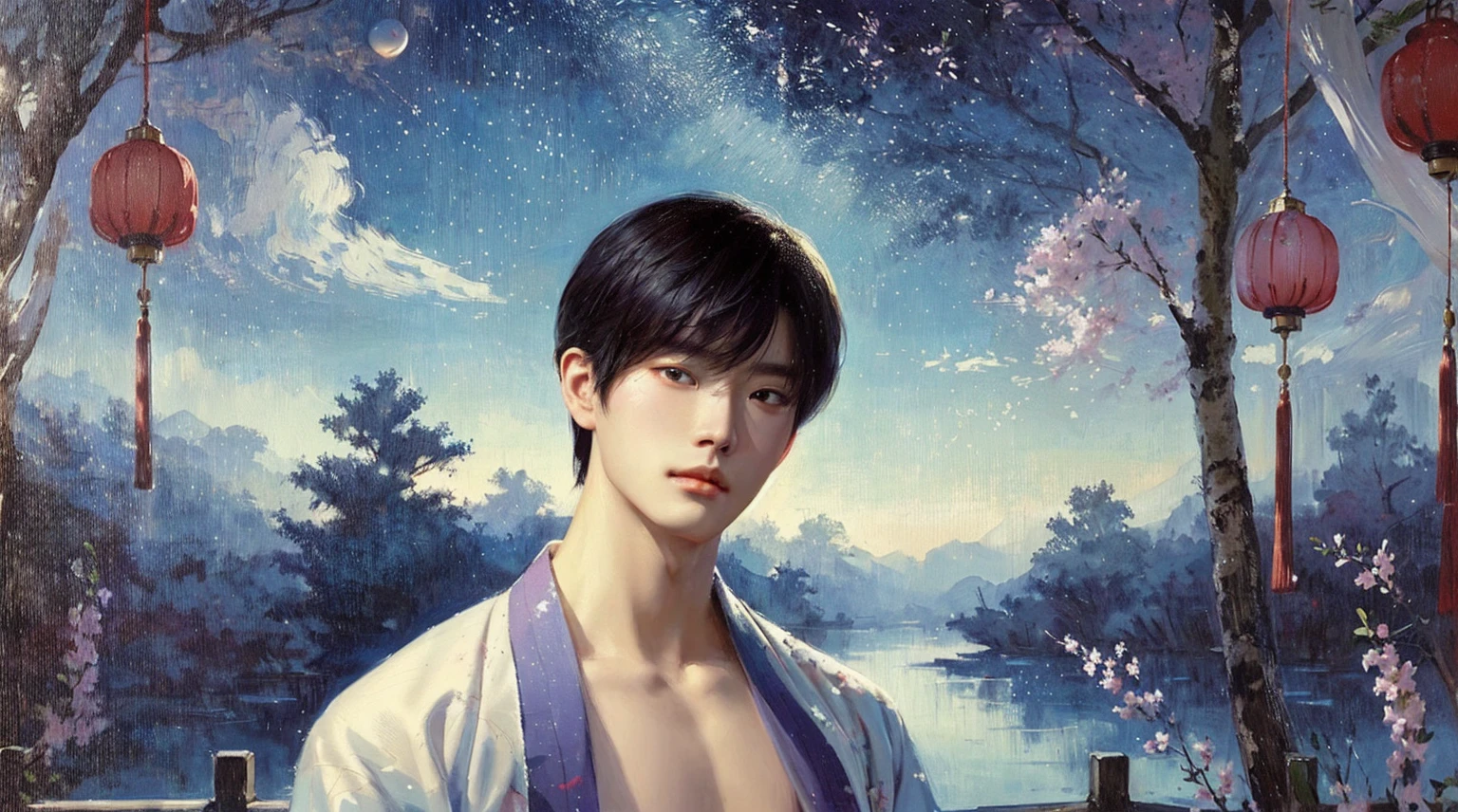 painting of a man in a kimono robe standing in front of a painting of a river, inspired by Yanjun Cheng, yanjun chengt, inspired by Bian Shoumin, artwork in the style of guweiz, inspired by Yeong-Hao Han, inspired by Zhang Han, by Yanjun Cheng, by Yang J, cai xukun, guweiz,huge breasts,huge chest,huge ,huge bust