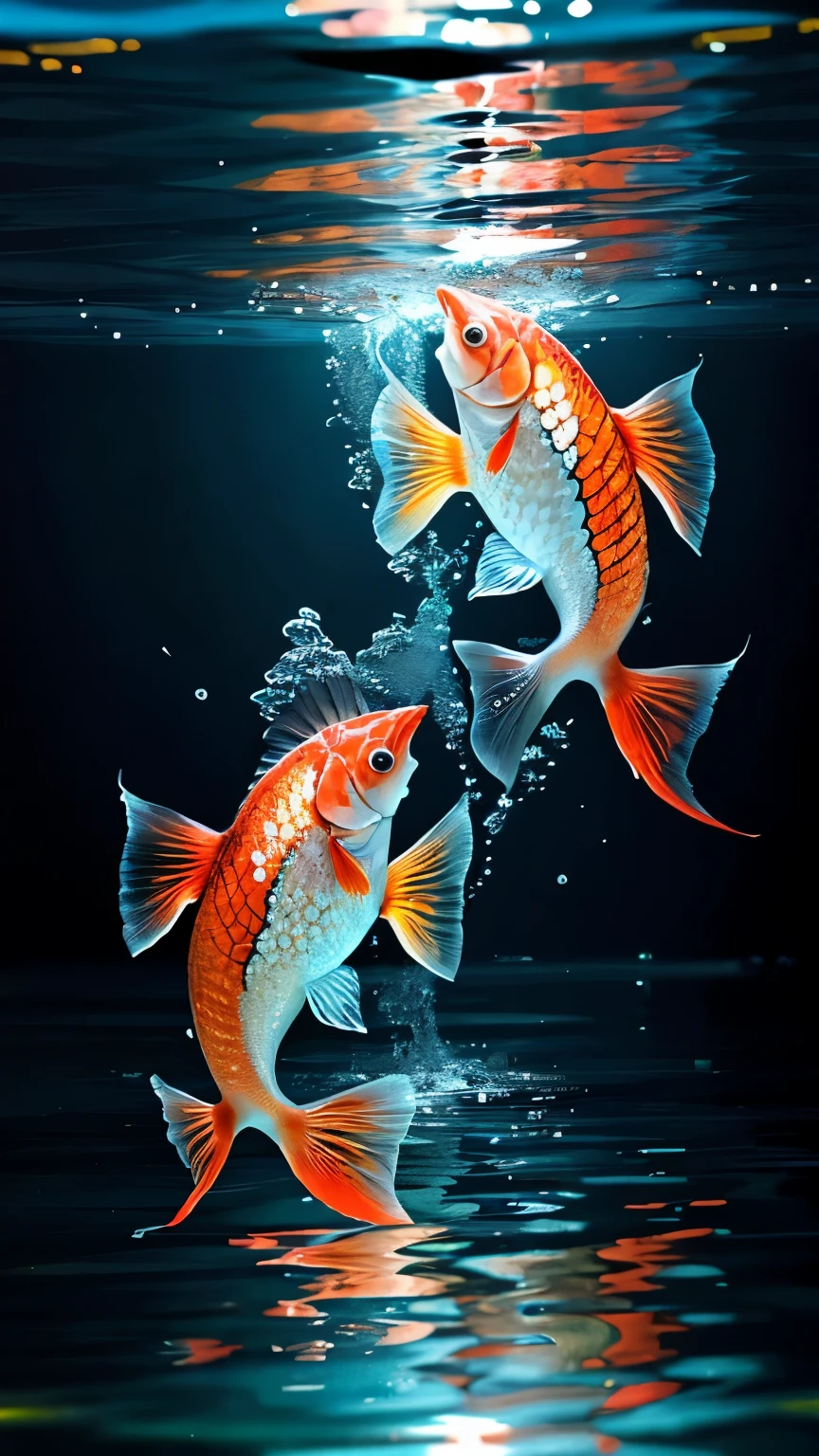 Two colorful Nishikigoi carp fish swimming in clear water with a pitch black background。The Nishikigoi on the left is bluish white.、The scales glitter and reflect the light。The Nishikigoi on the right is a bright orange color.、The whole body is covered with detailed patterns。The sunlight reflects on the water、Shining like a diamond。The Nishikigoi swim gracefully、This movement creates ripples in the water.。The transparency of the water and the reflection of light、It enhances the beauty of the fishes.。