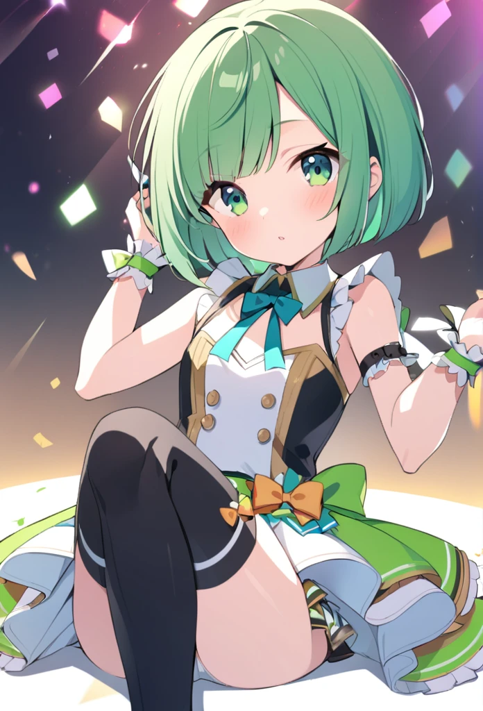 1 girl, cute, young, green hair, bob haircut, green eyes, idol costume, thigh high,