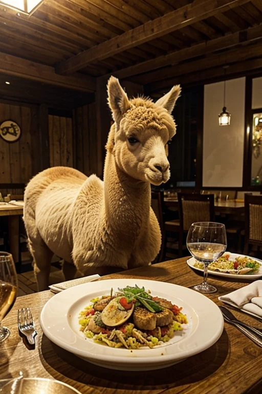 An alpaca eating at a Spanish restaurant in Saitama Prefecture。On the table is the main course of paella and a glass of water.、Cutlery is laid out。