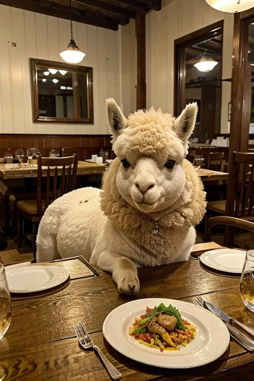 An alpaca eating at a Spanish restaurant in Saitama Prefecture。On the table is the main course of paella and a glass of water.、Cutlery is laid out。