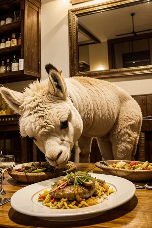 An alpaca eating at a Spanish restaurant in Saitama Prefecture。On the table is the main course of paella and a glass of water.、Cutlery is laid out。