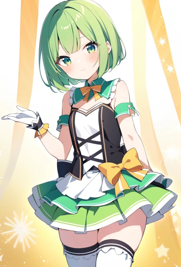 1 girl, cute, young, green hair, bob haircut, green eyes, idol costume, thigh high,