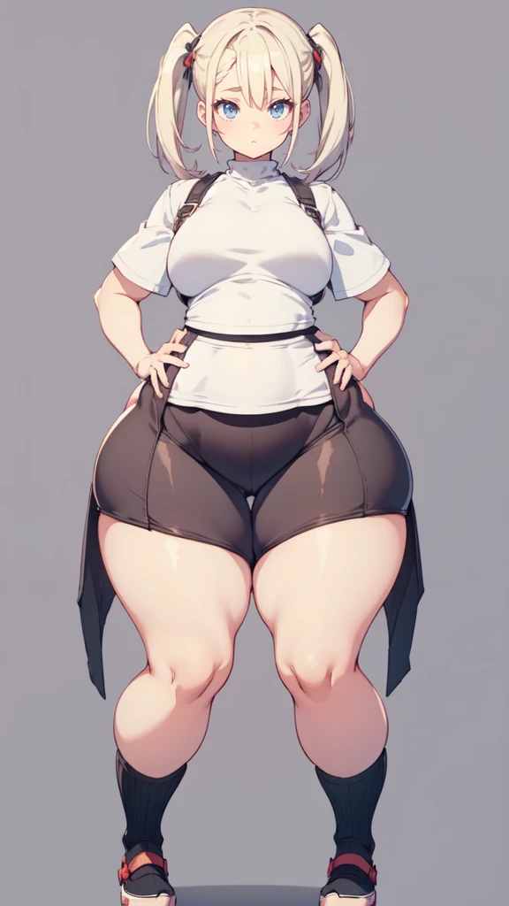 blank background, (((full body))), (masterpiece), ((best quality)), (very short girl), flat chest, short twintail, (wide hips:1.8), (thick thighs:1.5), (very short skirt), toeless footwear