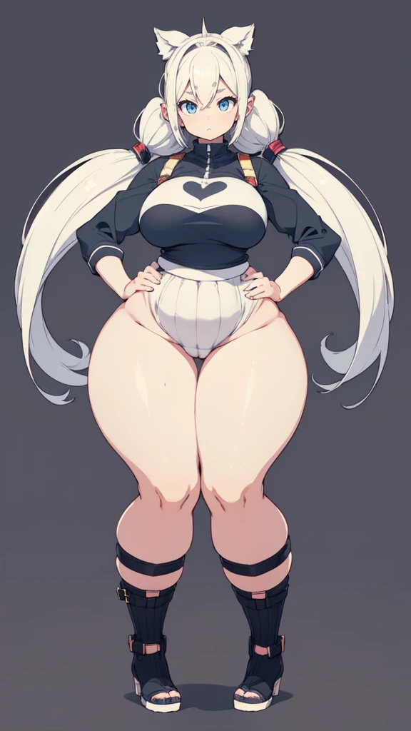 blank background, (((full body))), (masterpiece), ((best quality)), (very short girl), flat chest, short twintail, (wide hips:1.8), (thick thighs:1.5), (very short skirt), toeless footwear