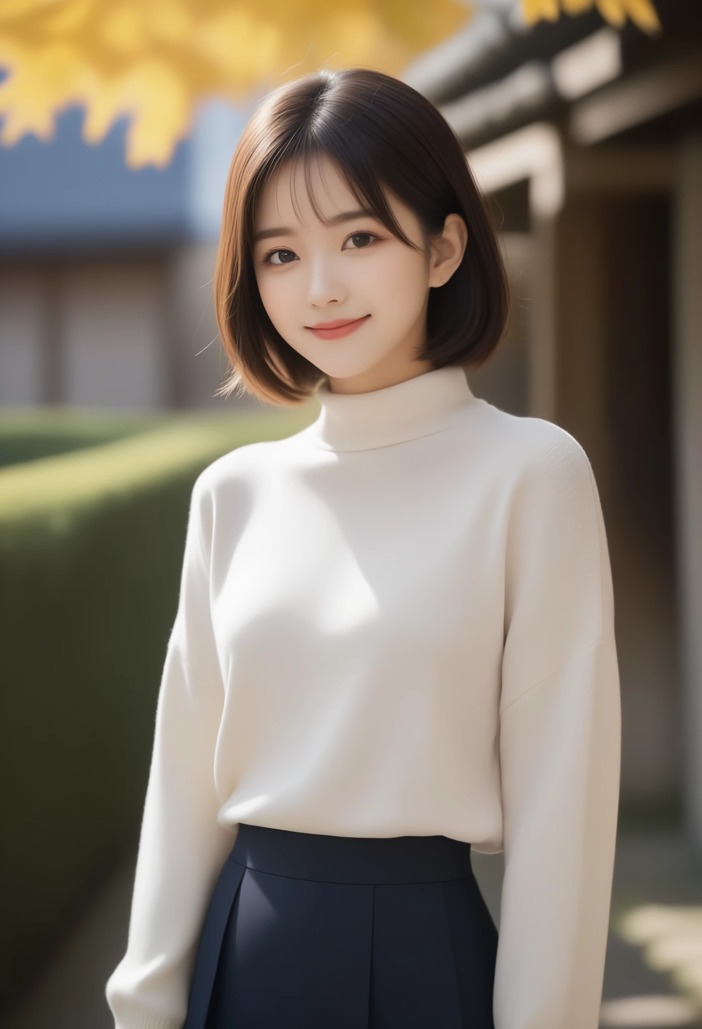 8k, Ultra-high resolution, Highest quality, masterpiece, 三分割法によるphotograph,Surreal, photograph, 1 girl, (:1.3), pretty girl, Cute face, Beautiful eyes in every detail, 細かくdetailedに,masterpiece,, One Girl:1.2, Japan Female Announcer,whole body,Young Wife,Urban area,street tree,The arrival of autumn,Turtleneck sweater,A scene in mini length,Full of cleanliness,A carefree smile,Healing the heart,Short Bob,Looking at the audience、beauty,Long neck、Laugh a little、Please close your mouth and laugh、(((Ideal body type))),A-cup small breasts :2,、Portraiture:2、Perfect Anatomy、鮮明なdetailed、detailed、Surreal、Light and shadow,Strong light