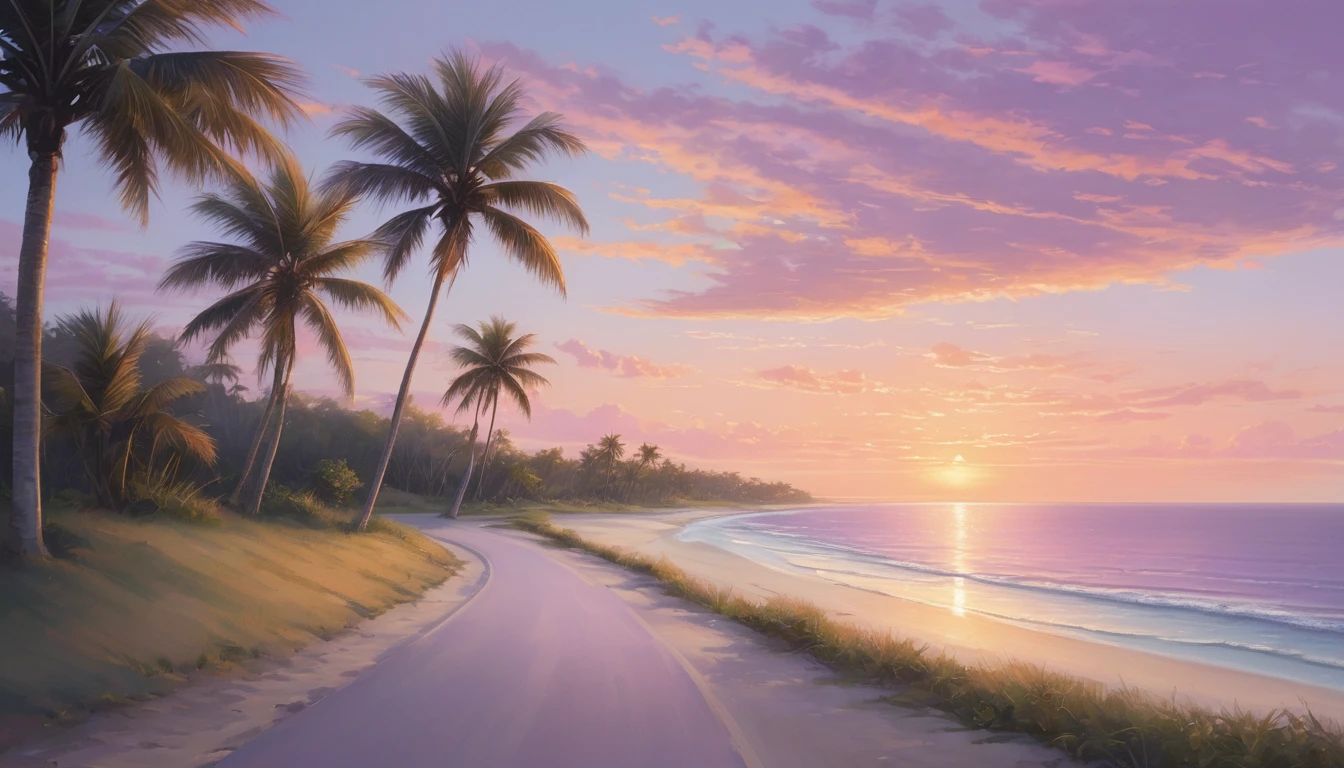 Create an image of a serene coastal scene at sunset. Picture a paved road curving gently towards the beach, lined with tall, slender palm trees swaying gently in the breeze. The sky is painted in soft hues of pink, purple, and orange, reflecting the calmness of the approaching evening. A few wispy clouds add texture to the sky, while the ocean in the background captures the last glimmers of sunlight. The overall mood should evoke a sense of tranquility and the beauty of a tropical sunset.