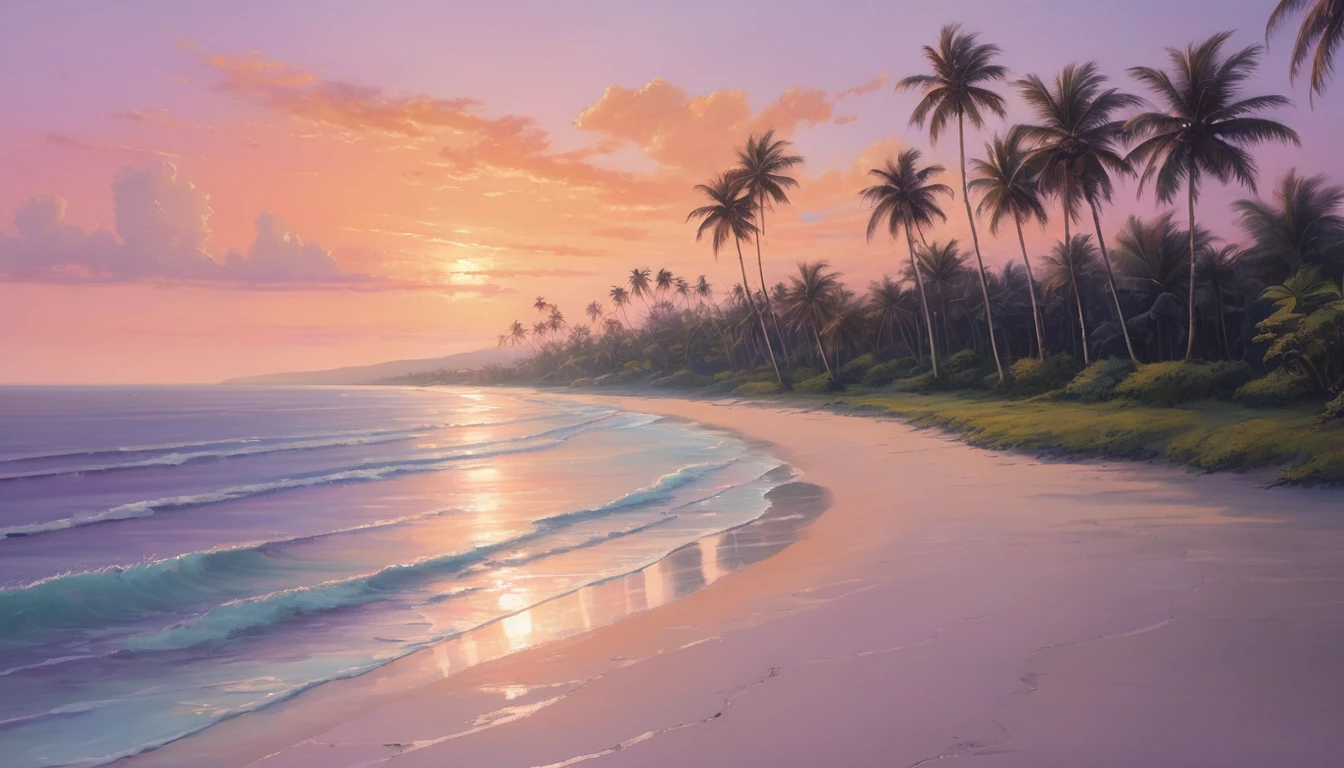 Create an image of a serene coastal scene at sunset. Picture a paved road curving gently towards the beach, lined with tall, slender palm trees swaying gently in the breeze. The sky is painted in soft hues of pink, purple, and orange, reflecting the calmness of the approaching evening. A few wispy clouds add texture to the sky, while the ocean in the background captures the last glimmers of sunlight. The overall mood should evoke a sense of tranquility and the beauty of a tropical sunset.