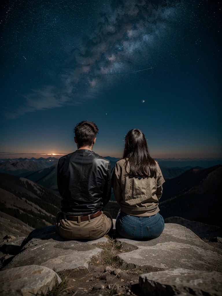 A boy and girl on a mountain top sitting night sky filled with stars looking at two moons
