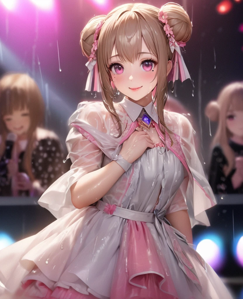 One Girl、Looking at the audience、lovely,
Beautiful pink eyes、Two brown double hair buns , Mole under the eye、Plump and glossy lips、Heart-shaped choca、Idol、Her name is May,smile、ー、。.。.。.。.。.。.。.。.。.。.。.。.。.。.。.。.。.。.3D、Realistic、
The idol's costume was soaked in the heavy rain, and her chest was wet and transparent.Heavy rain at outdoor concert, Drape clothes、gem、The decoration has been removed、Floral、Lace trim,On a glittering stage、
masterpiece、highest quality、8k、Detailed skin texture、Detailed cloth texture、Beautifully detailed face、Intricate details、Very detailed、
超A high resolution、8k Ultra HD、Film Grain、Best Shadow、delicate、Gazing at the audience、front