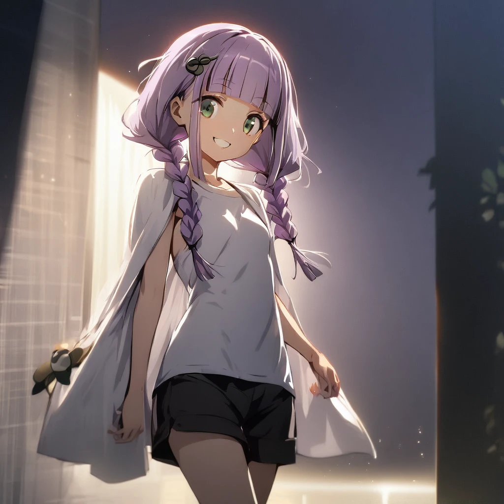 (Cute a girl:1.5), (masterpiece:1.3), anime visual, (a girl is wearing a white T-shirt and shorts, a bath towel on his shoulders, and is brushing his teeth..:1.3 ), (Lovey-dovey:1.5), (tilt head:1.3), extremely delicate face, soft clean focus, realistic lighting and shading, (an extremely delicate and beautiful art:1.3), elegant, (muted colors:1.1),(one girl with closs hair pin,pale purple hair,wavy two braids,blunt bangs hair,green and black eyes:1.4), small breast,slim,smile,Slender,night lit,