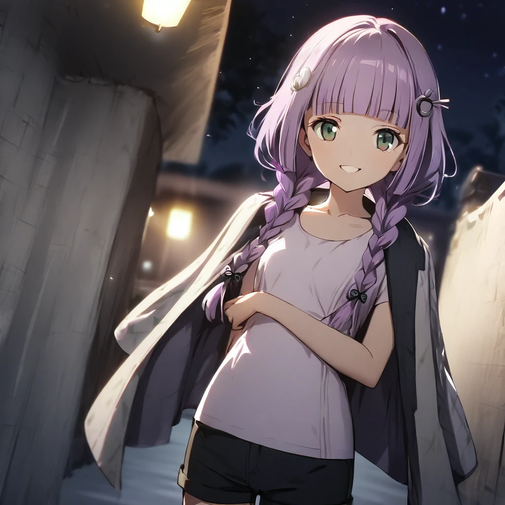 (Cute a girl:1.5), (masterpiece:1.3), anime visual, (a girl is wearing a white T-shirt and shorts, a bath towel on his shoulders, and is brushing his teeth..:1.3 ), (Lovey-dovey:1.5), (tilt head:1.3), extremely delicate face, soft clean focus, realistic lighting and shading, (an extremely delicate and beautiful art:1.3), elegant, (muted colors:1.1),(one girl with closs hair pin,pale purple hair,wavy two braids,blunt bangs hair,green and black eyes:1.4), small breast,slim,smile,Slender,night lit,